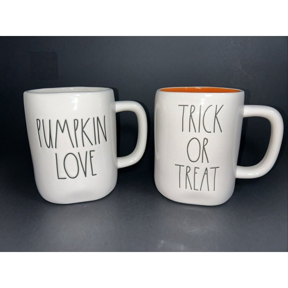 Set of 2 Rae Dunn White Mugs Trick or Treat and Pumpkin Love